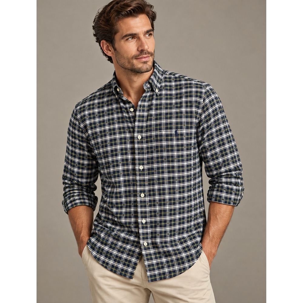 Ralph Lauren Plaid Button Down Shirt XL Navy Green Cotton Long Sleeve Preppy